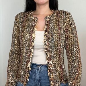 Cici Bianca Metallic Knit Ribbon Fringe Cardigan Jacket Earth Tones Small